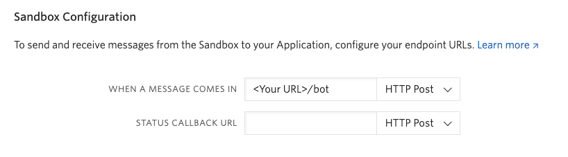 Twilio Sandbox for WhatsApp console page with the unique ngrok URL "<Your URL>/bot" inside text field