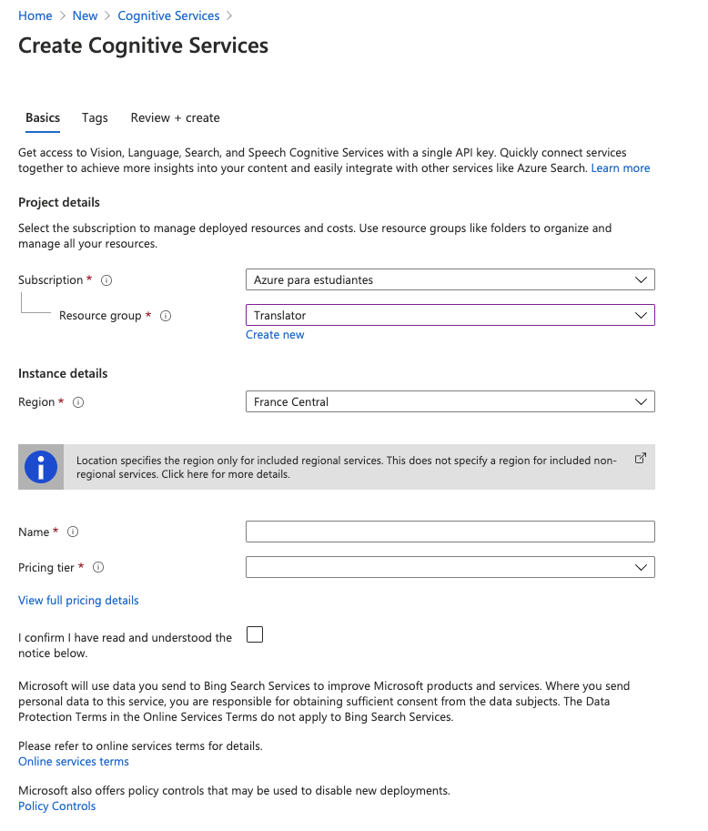Create a new cognitive service on the Microsoft Azure portal