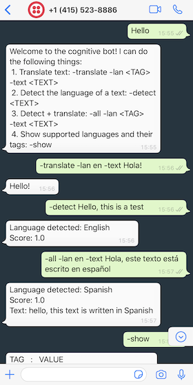 WhatsApp demo of the translation and detection in text messages