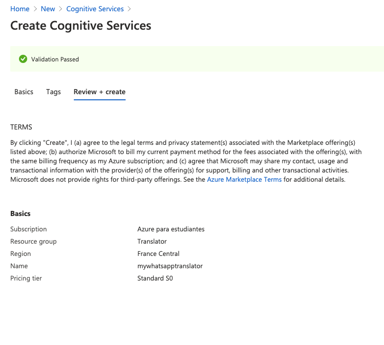 Validation passed for creating a new cognitive service