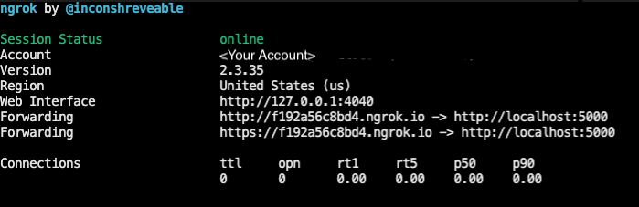 image showing the output of running the "ngrok http 5000" command with forwarding URLS