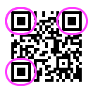a QR code with the three large squares in the top left, top right, and bottom left corners circled in pink.