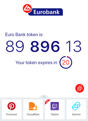screenshot from Authy, an authentication app, showing a TOTP token for Eurobank that expires in 20 seconds.
