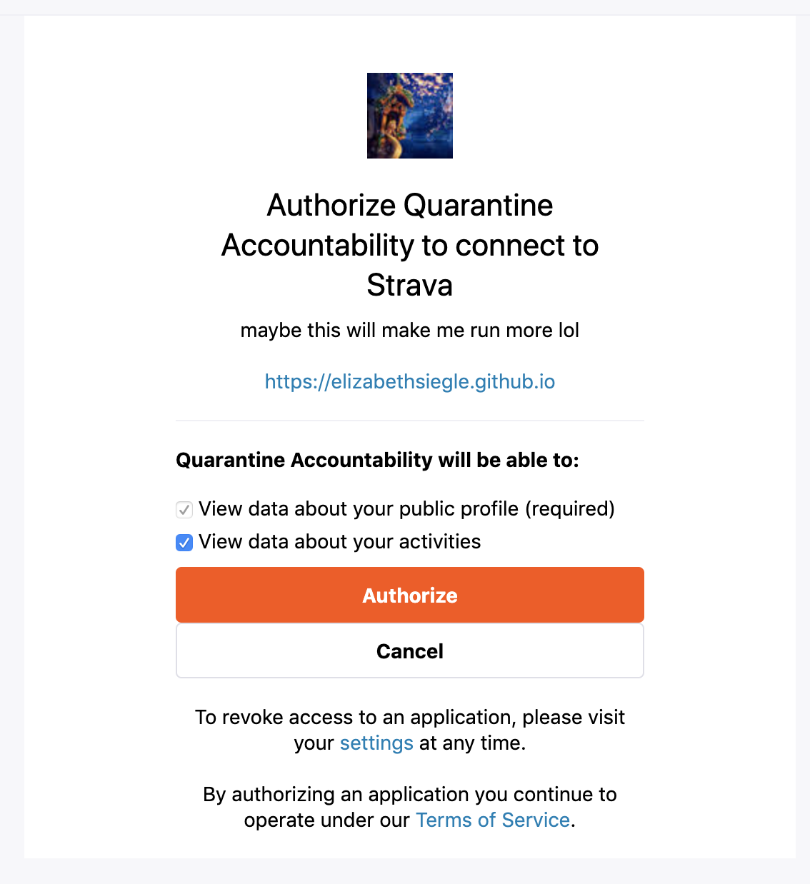 Authorize page to get auth token in Strava