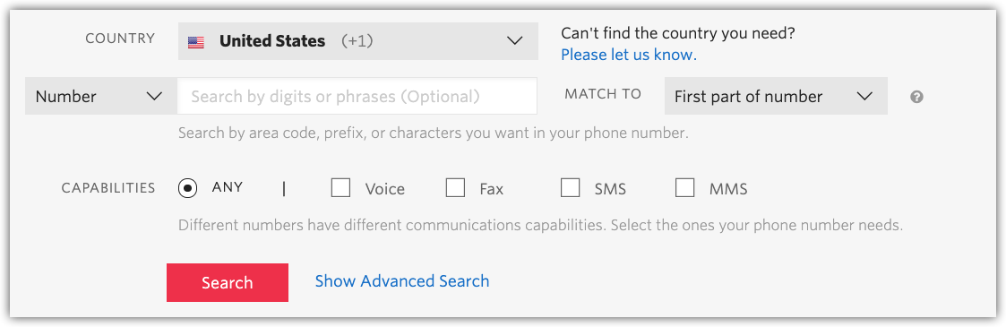Search for a suitable new phone number in Twilio