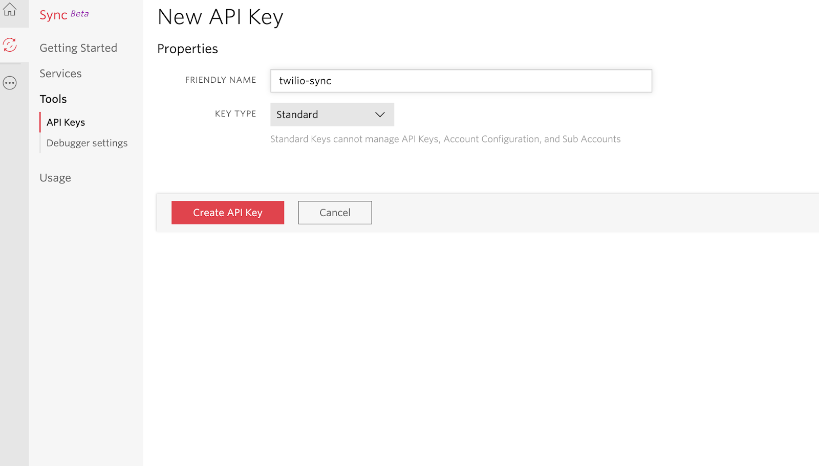 Twilio Create API Key page