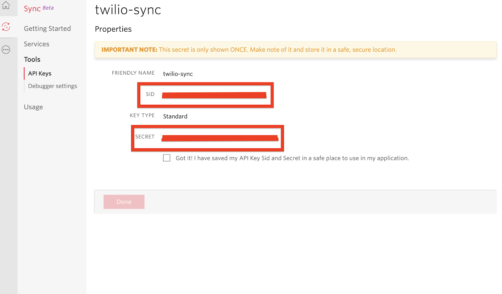 Twilio API Key and Secret page