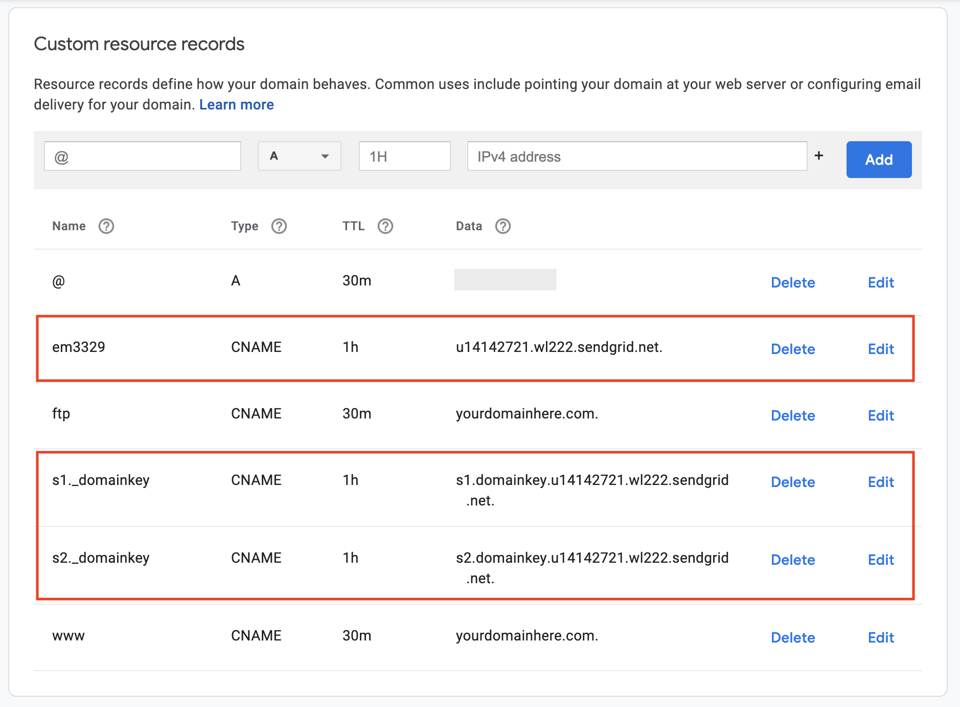 google domains custom dns records for SendGrid