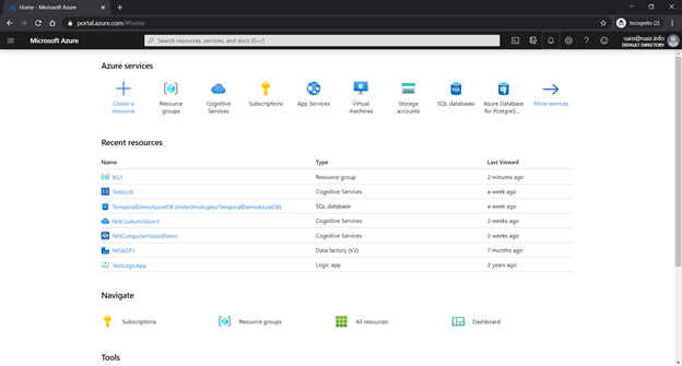 Microsoft Azure Portal Home Page screenshot