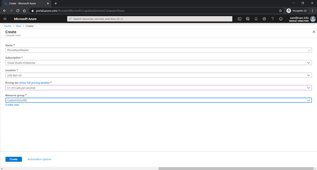 Microsoft Azure Portal Create page screenshot
