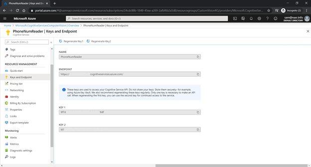 PhoneNumReader Keys and Endpoint page screenshot