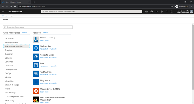 Microsoft Azure New page screenshot