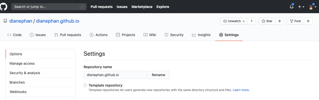 GitHub repo settings