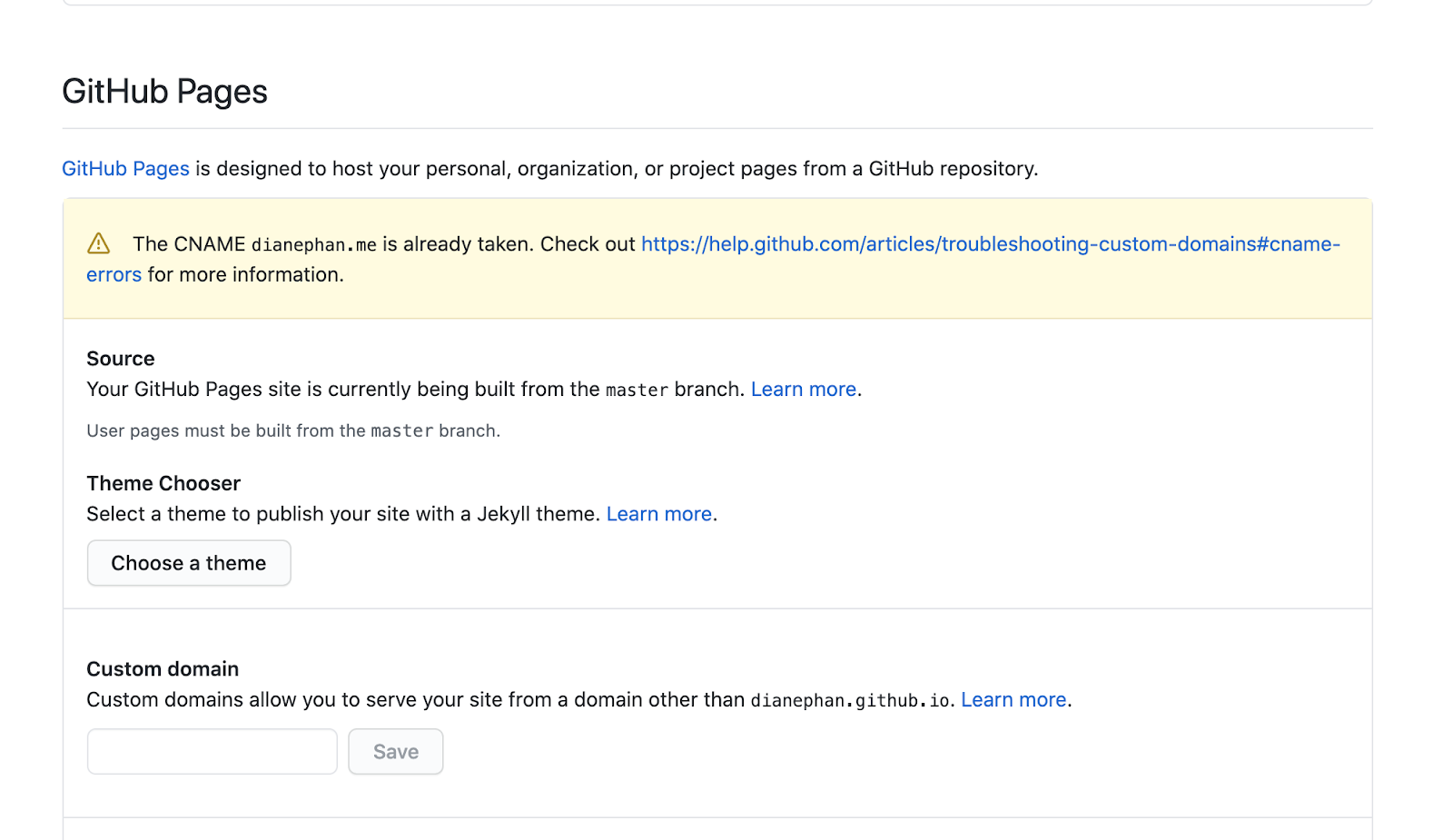 Github Pages domain error message