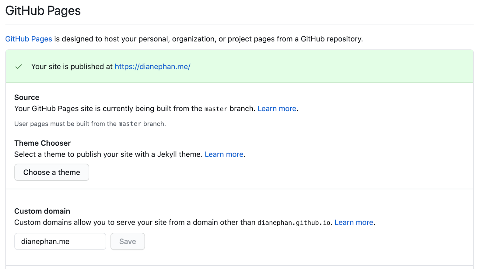 Github Pages domain section