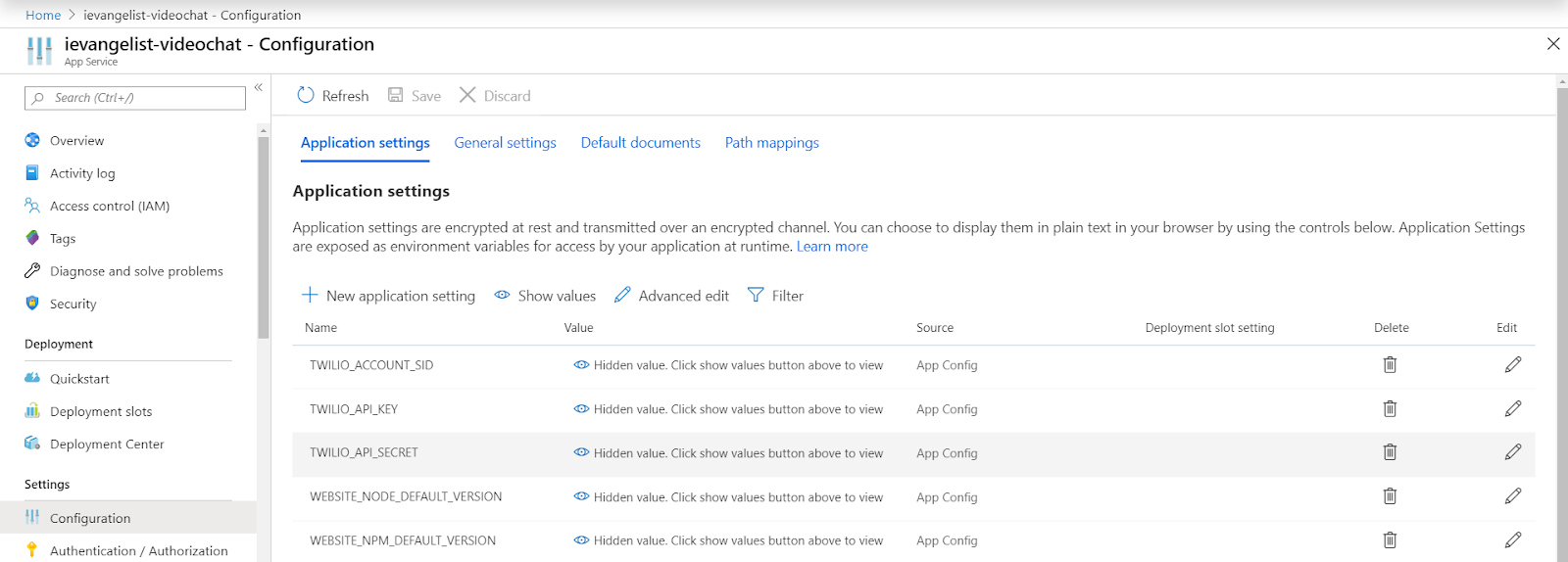 Azure Portal App Services Configuration App Settings screenshot