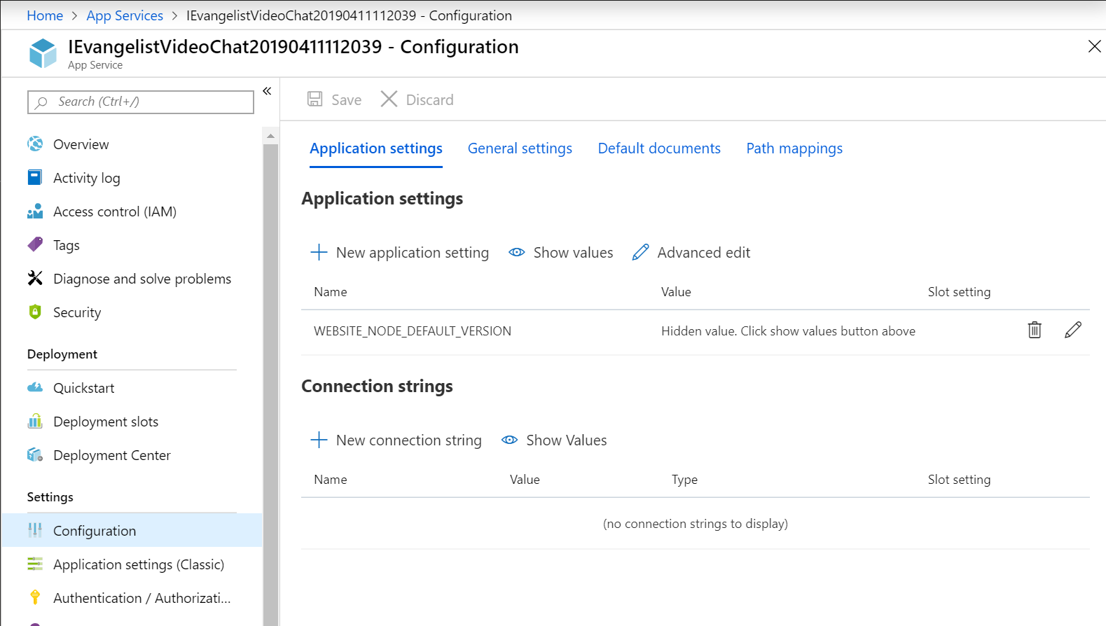 Azure Portal  App Service Configuration page screenshot