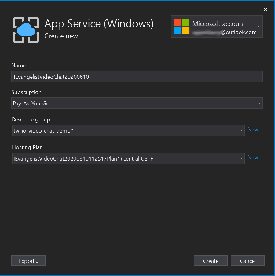 Visual Studio 2019 App Service (Windows) screenshot