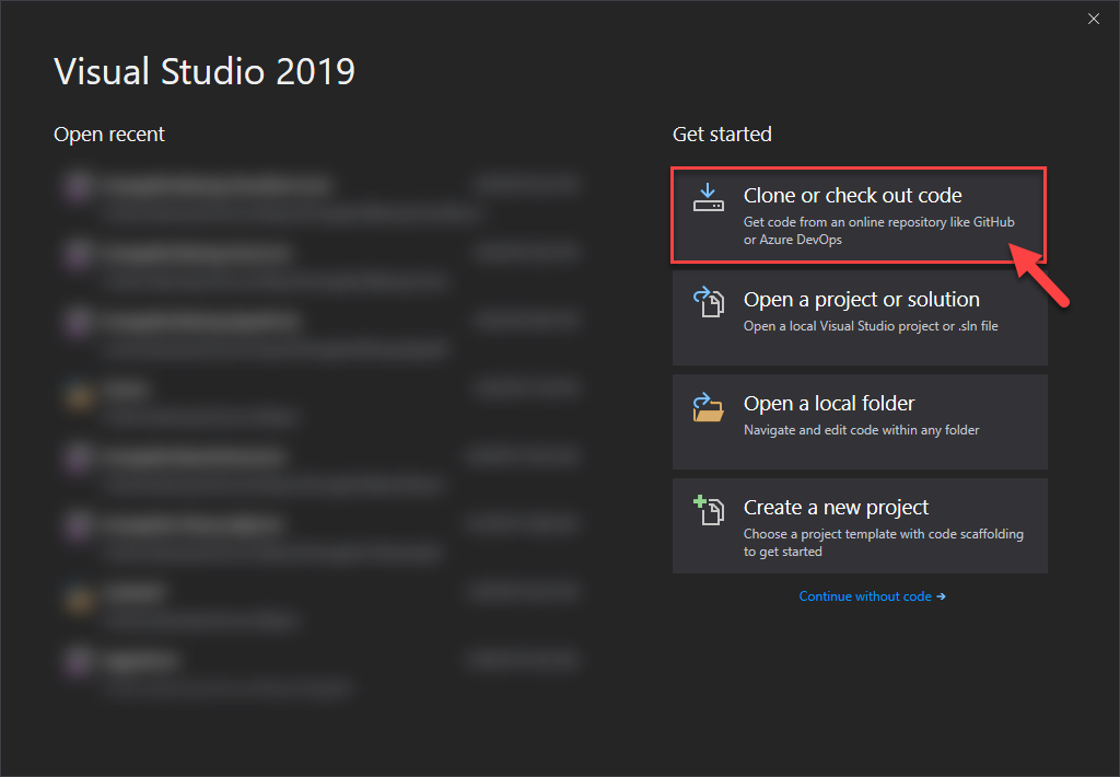 Visual Studio 2019 launch window screenshot