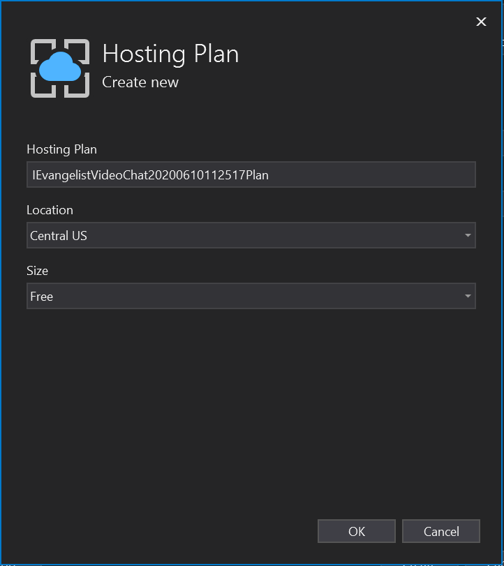 Visual Studio 2019 Hosting Plan window screenshot