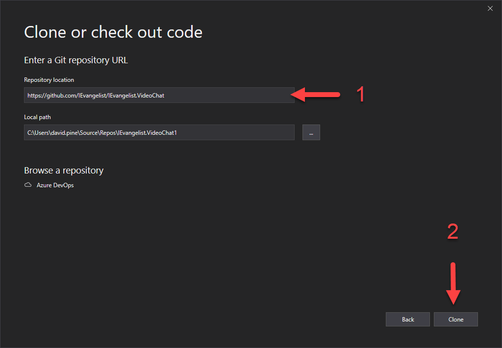 Visual Studio Clone or check out code screenshot