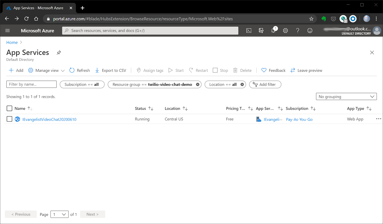 Azure Portal App Services Default Directory screenshot