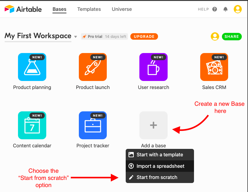 Add a base in Airtable