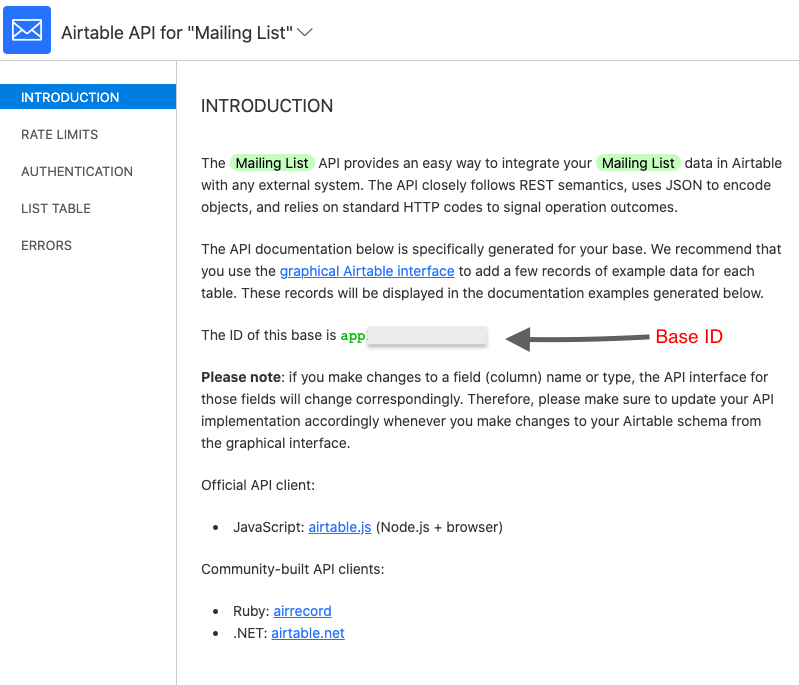 API documentation page