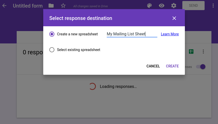 Create spreadsheet response for form