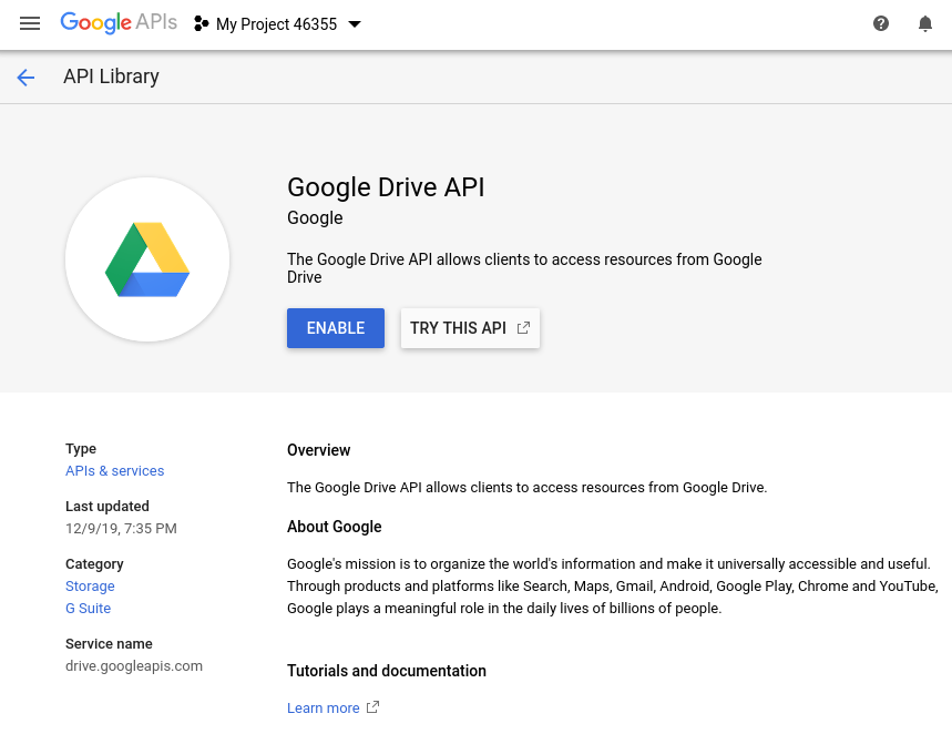 Enable Google Drive API screenshot