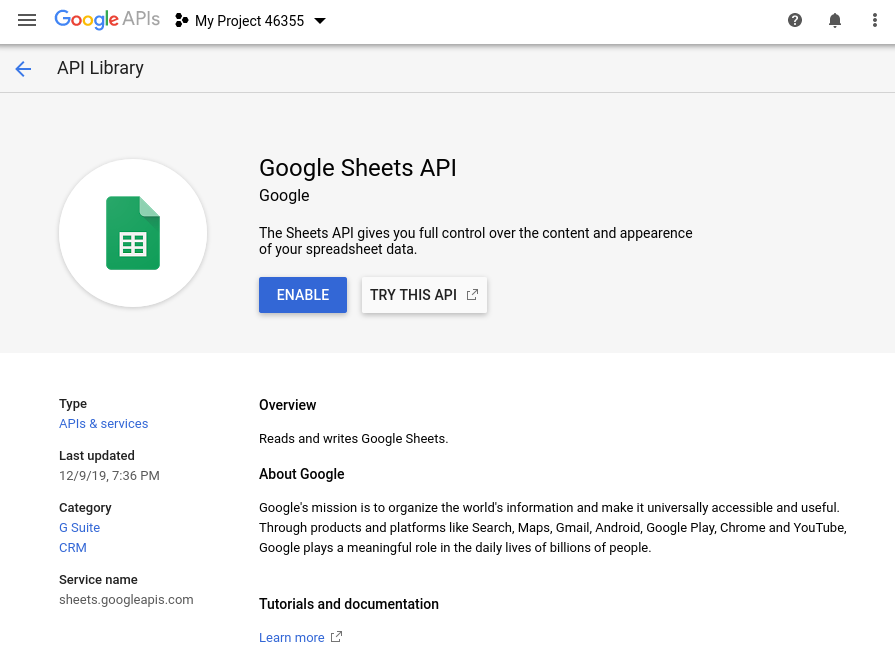 Enable Google Sheets API screenshot