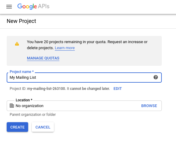 Create a new Google project screenshot