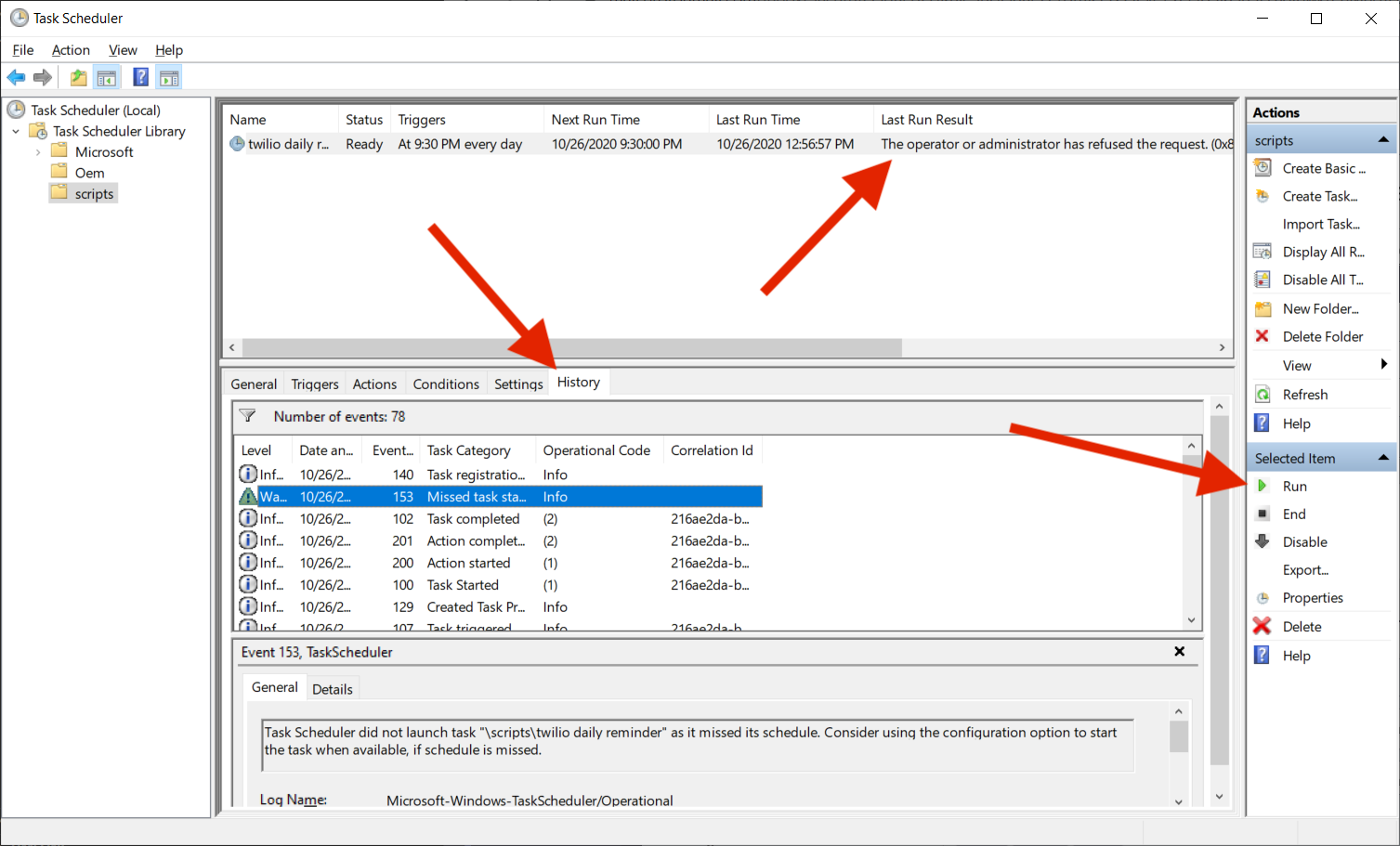 Screenshot of task scheduler history