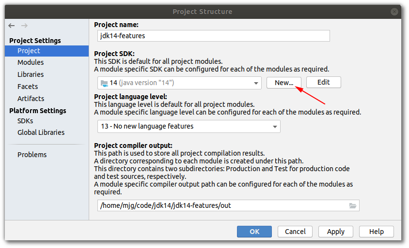 Screenshot of IntelliJ IDEA Project Structure dialog, highlighting the "New..." button for adding a new installation of Java for this project.