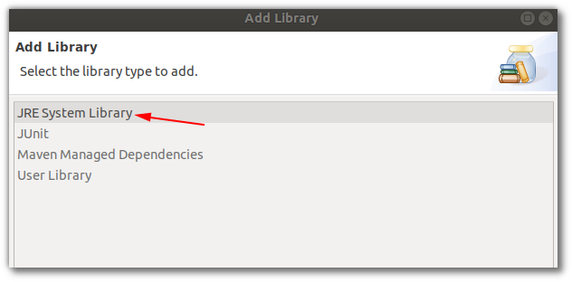 Another screenshot of Eclipse, this time the "Add Library" dialog, highlighting "JRE System Library"