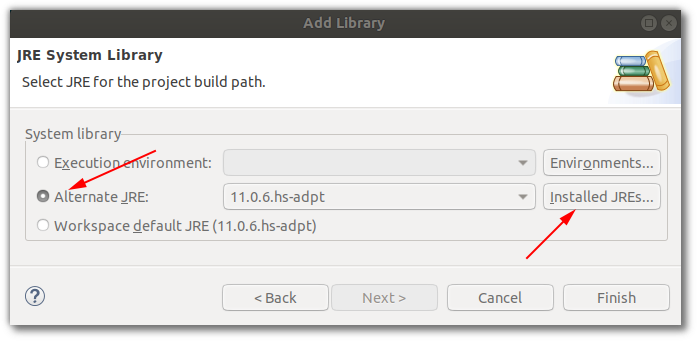 Another screenshot of Eclipse. This time it&#39;s the "Add Library" dialog with "Alternate JRE" and "Installed JREs" buttons highlighted.