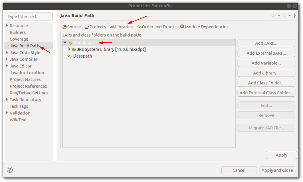 Screenshot of an Eclipse Project configuration, highlighting the sections described in the text: Java Build Path, Libraries, and ModulePath