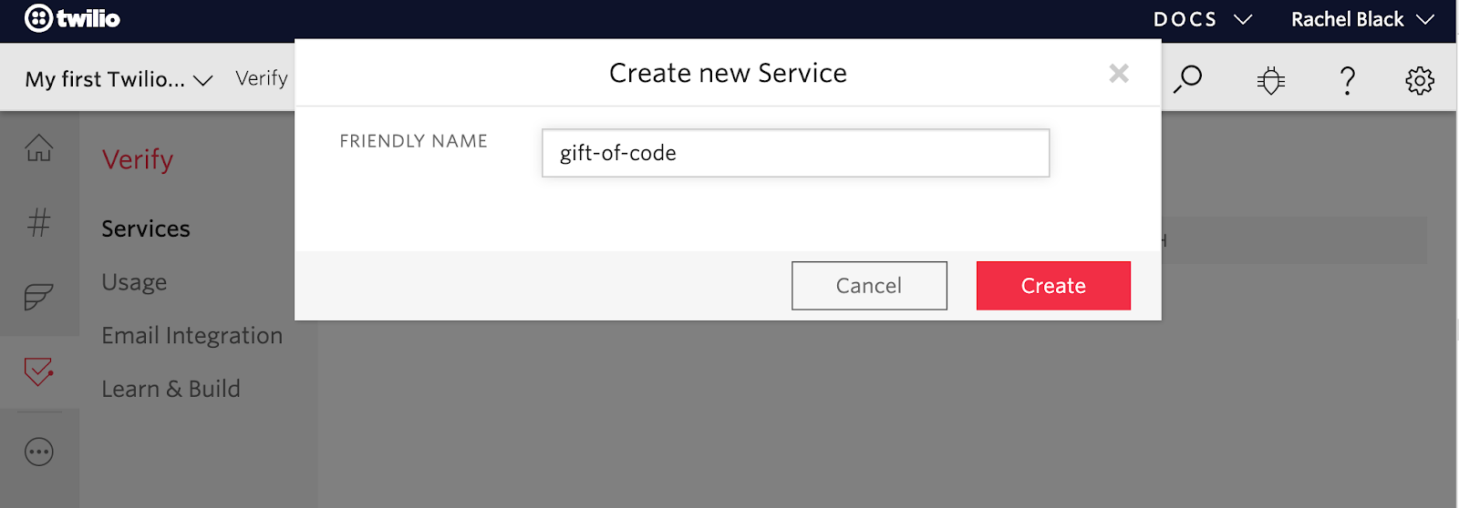 creating a new service in the console.