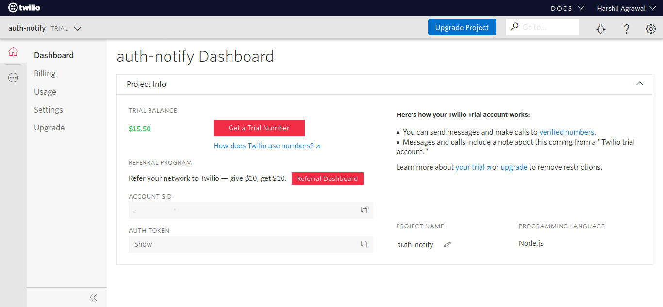 Auth Notify dashboard