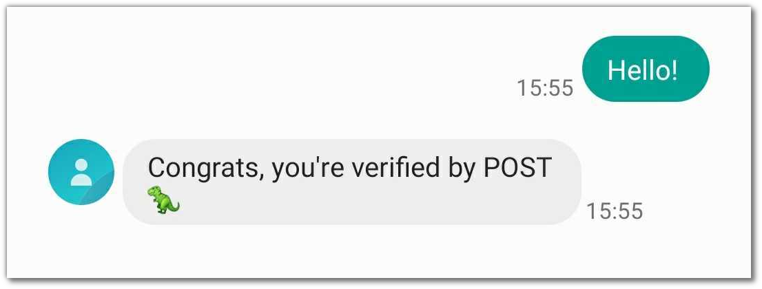 Screenshot of SMS app on a cellphone: "Hello!", "Congrats, you&#x27;re verified by POST"