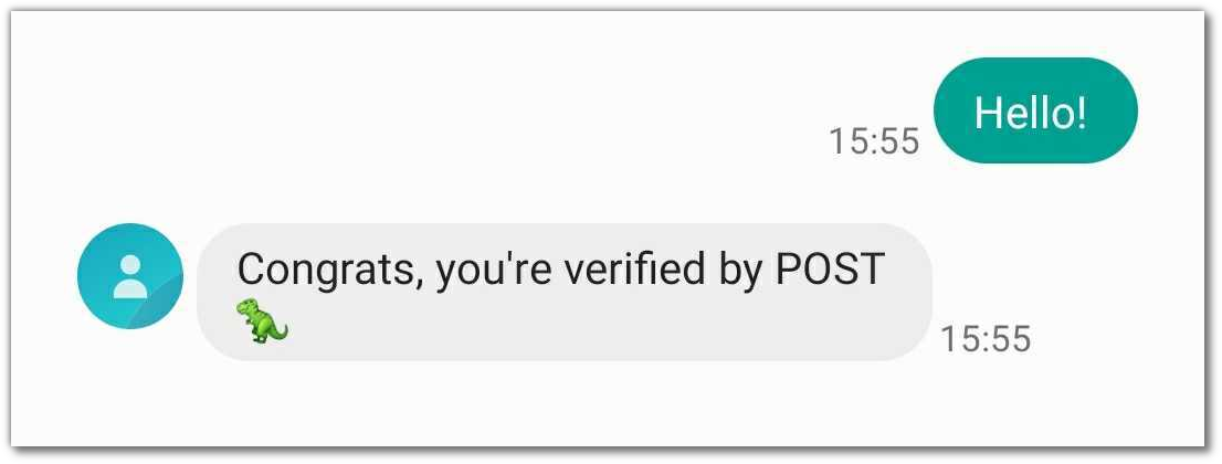Screenshot of SMS app on a cellphone: "Hello!", "Congrats, you're verified by POST"