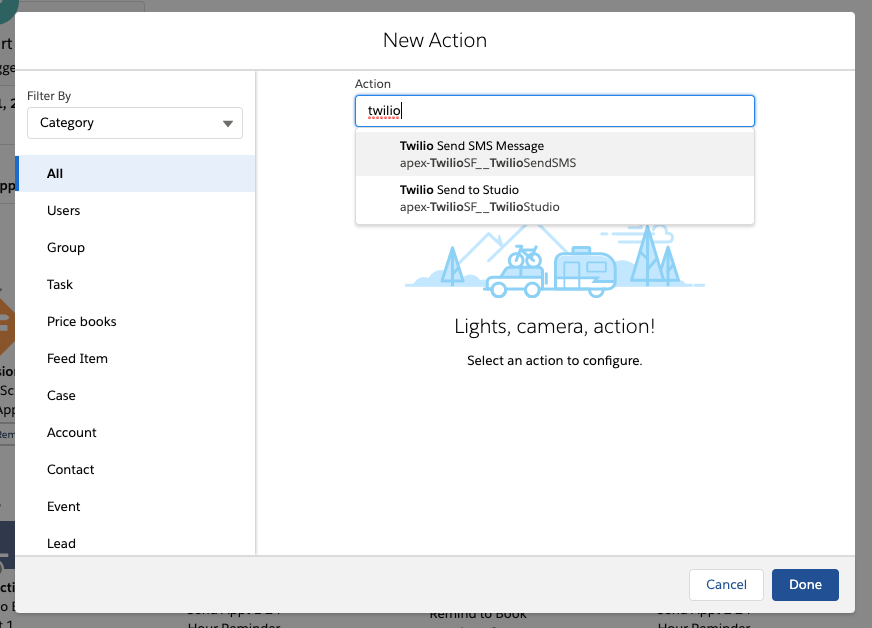 searching for the Twilio Send SMS Apex action