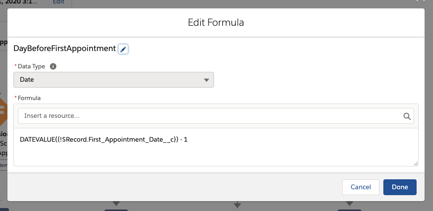 Editing the formula for finding the date one day before the next appointment.