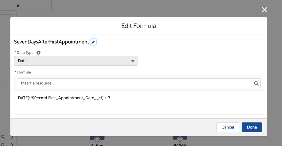 Creating the formula to calculate 7 days after the first appointment