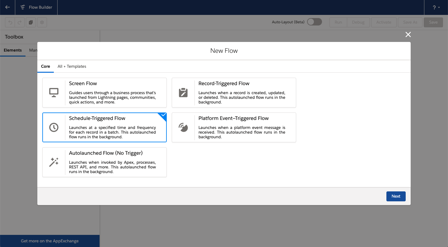 Screenshot of selecting the scheduled-trigger flow option in Salesforce.