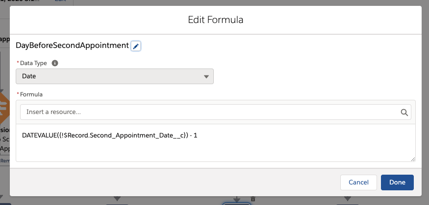 Calculating the date one day before the second appointment