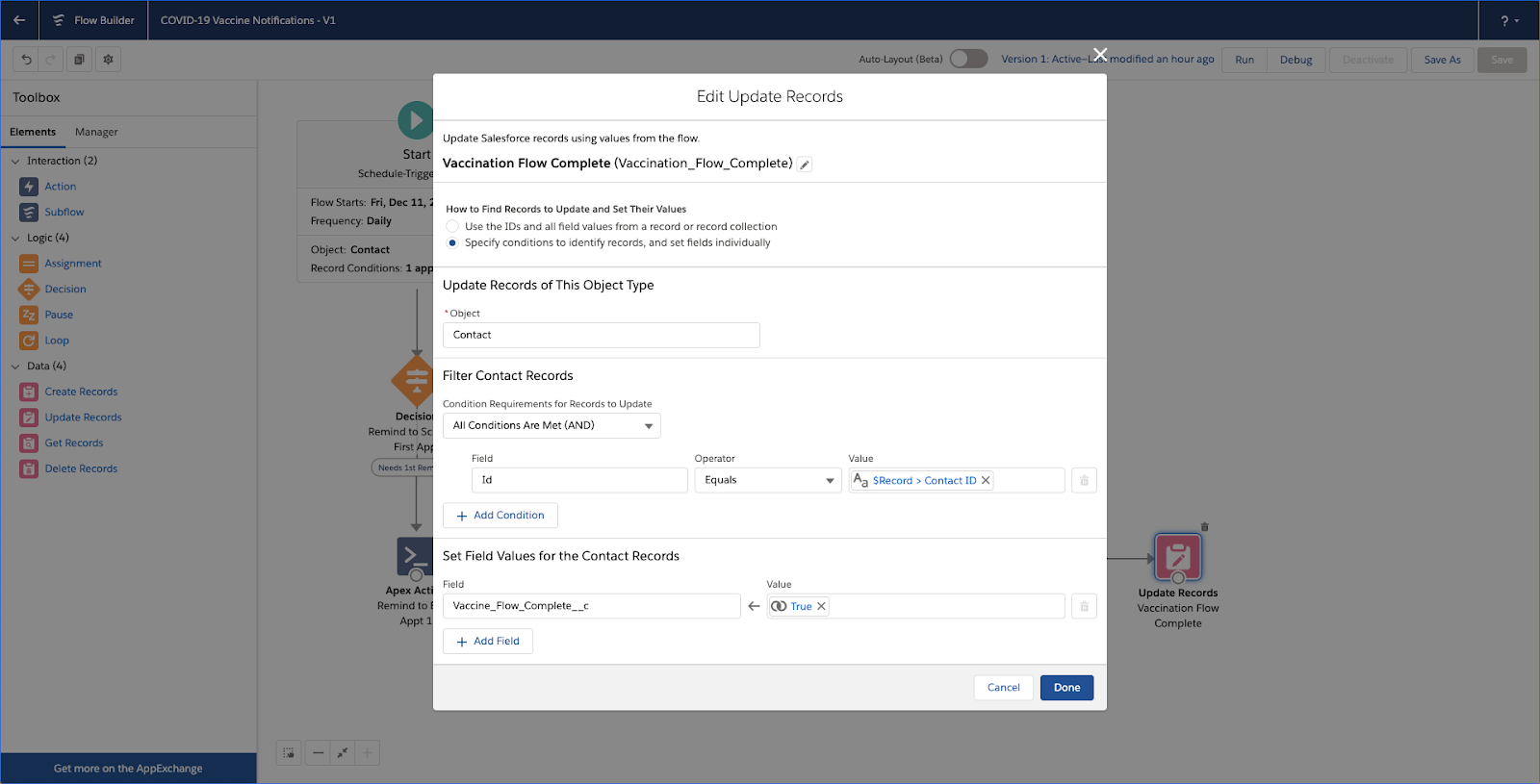 Updating the contact record to be marked complete.