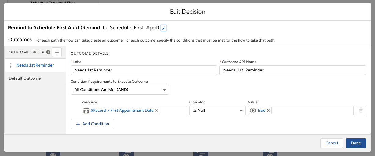 Decision configuration modal