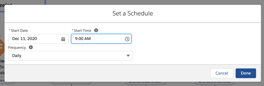 Screenshot showing how to set the start date and time plus cadence of the triggered workflow.