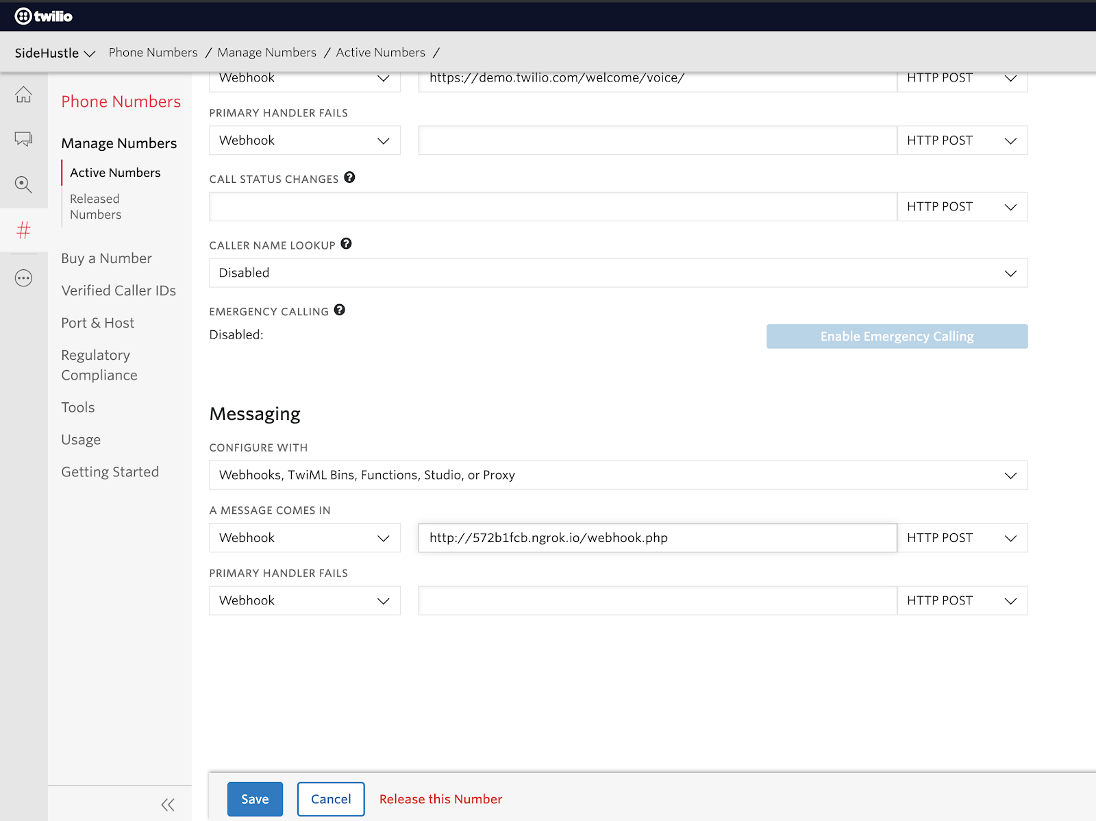 Twilio phone numbers dashboard